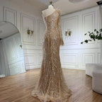 Vestido de noche de lujo árabe color nude, un solo hombro, con plumas y cuentas, estilo Dubái, para mujer, modelo LA72546A 
