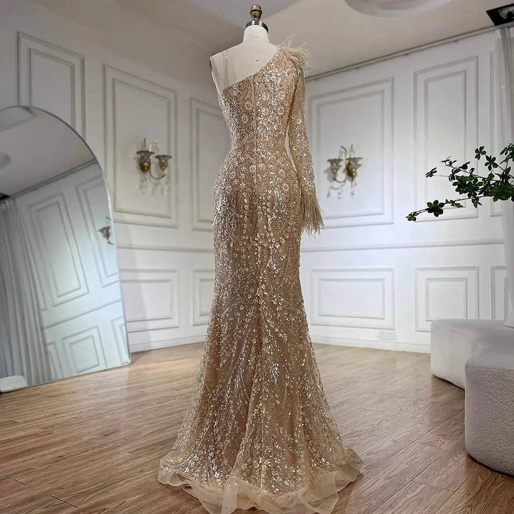 Vestido de noche de lujo árabe color nude, un solo hombro, con plumas y cuentas, estilo Dubái, para mujer, modelo LA72546A 