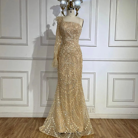 Vestido de noche de lujo árabe color nude, un solo hombro, con plumas y cuentas, estilo Dubái, para mujer, modelo LA72546A 