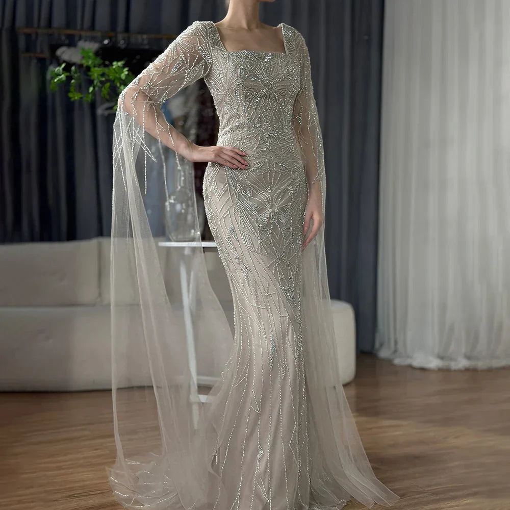 Vestidos de noche de sirena estilo saudí con mangas capa y cuentas, estilo árabe, para ocasiones formales (LA72261B) 
