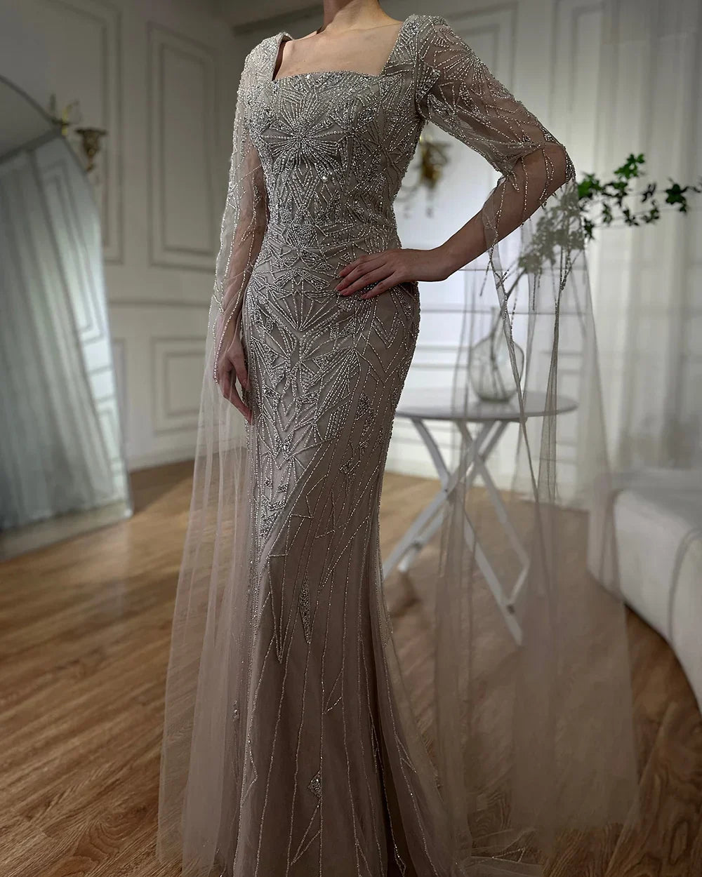 Vestidos de noche de sirena estilo saudí con mangas capa y cuentas, estilo árabe, para ocasiones formales (LA72261B) 