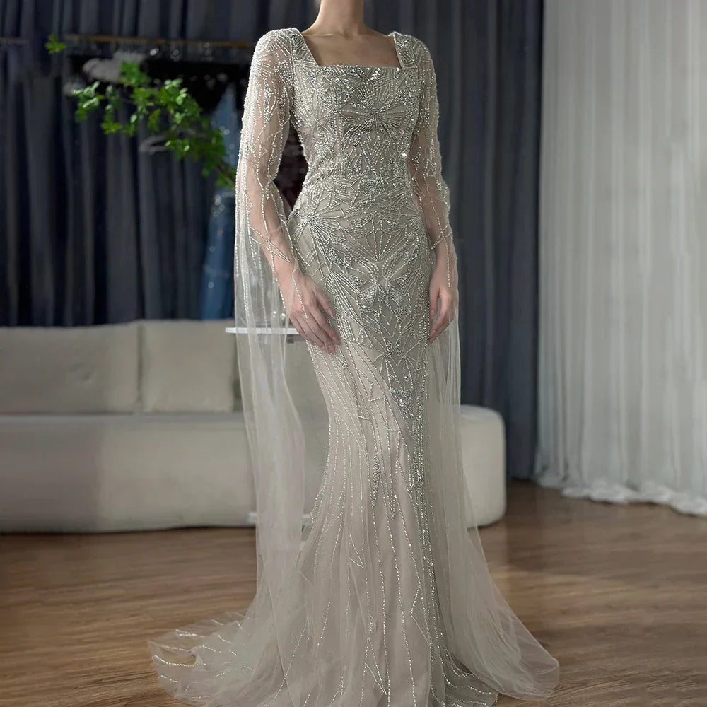 Vestidos de noche de sirena estilo saudí con mangas capa y cuentas, estilo árabe, para ocasiones formales (LA72261B) 