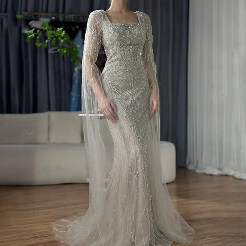 Robe de soirée sirène à manches cape, style arabe, style saoudien, luxueuse, perlée, pour occasions formelles, LA72261B, 2025 