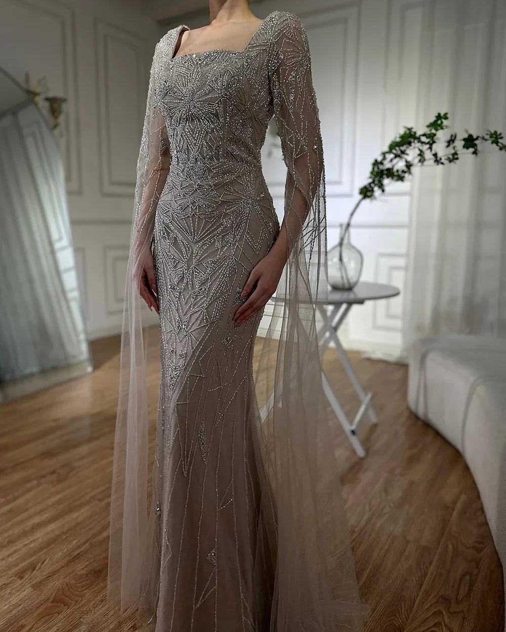 Vestidos de noche de sirena estilo saudí con mangas capa y cuentas, estilo árabe, para ocasiones formales (LA72261B) 
