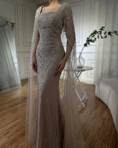 Robe de soirée sirène à manches cape, style arabe, style saoudien, luxueuse, perlée, pour occasions formelles, LA72261B, 2025 
