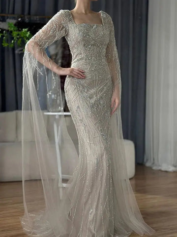 Robe de soirée sirène à manches cape, style arabe, style saoudien, luxueuse, perlée, pour occasions formelles, LA72261B, 2025 