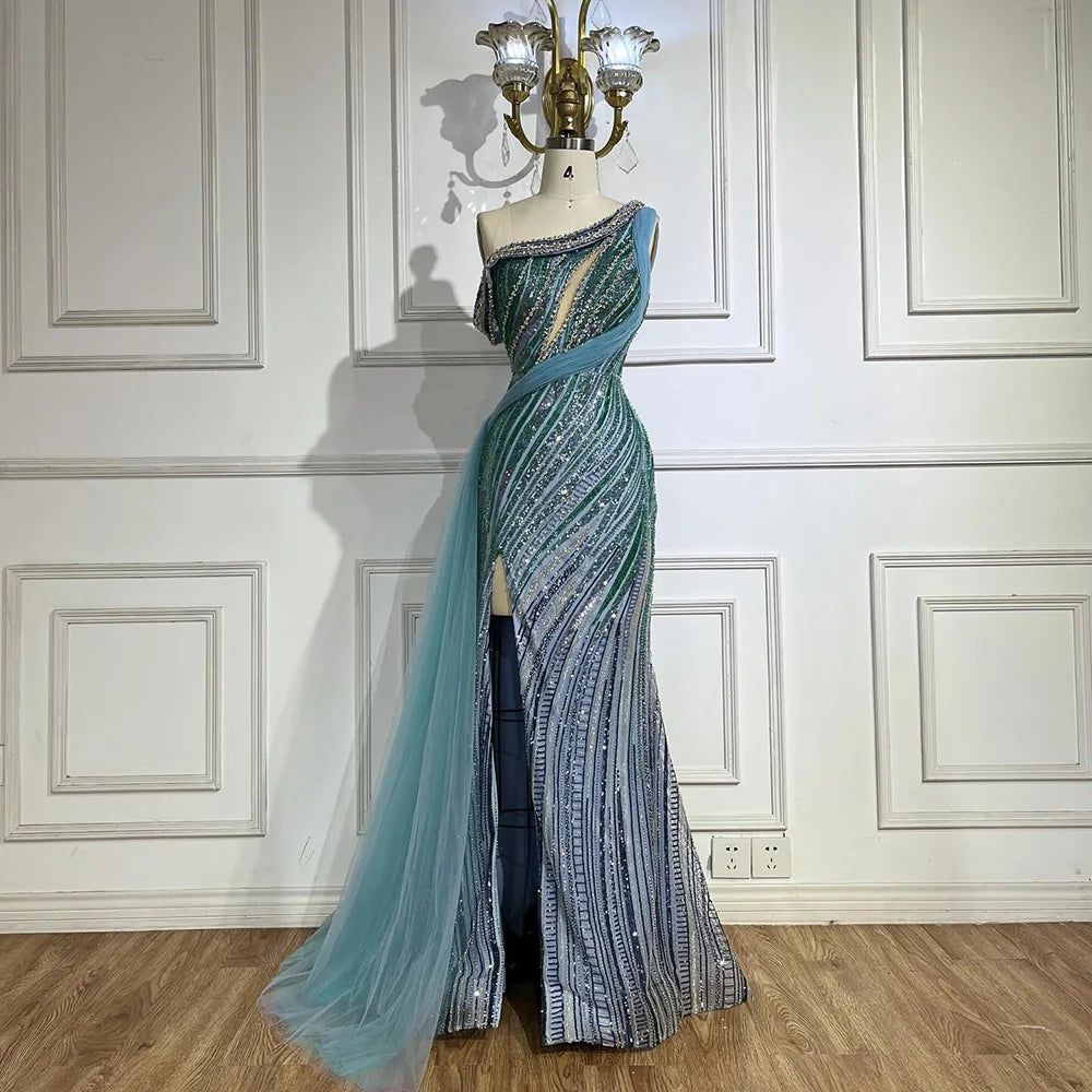 Vestido de noche azul de sirena con un solo hombro y abertura alta, estilo árabe, con cuentas, de lujo, para ocasiones formales (LA72718) 