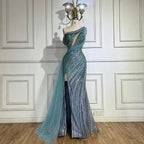 Vestido de noche azul de sirena con un solo hombro y abertura alta, estilo árabe, con cuentas, de lujo, para ocasiones formales (LA72718) 