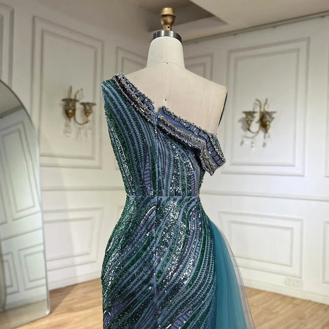 Vestido de noche azul de sirena con un solo hombro y abertura alta, estilo árabe, con cuentas, de lujo, para ocasiones formales (LA72718) 
