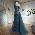Vestido de noche azul de sirena con un solo hombro y abertura alta, estilo árabe, con cuentas, de lujo, para ocasiones formales (LA72718) 