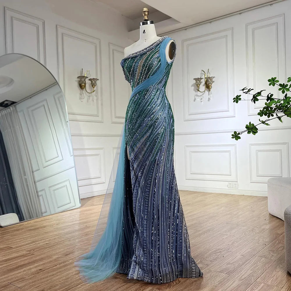 Vestido de noche azul de sirena con un solo hombro y abertura alta, estilo árabe, con cuentas, de lujo, para ocasiones formales (LA72718) 