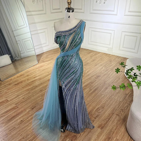 Vestido de noche azul de sirena con un solo hombro y abertura alta, estilo árabe, con cuentas, de lujo, para ocasiones formales (LA72718) 