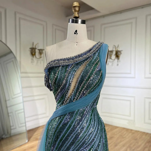 Vestido de noche azul de sirena con un solo hombro y abertura alta, estilo árabe, con cuentas, de lujo, para ocasiones formales (LA72718) 