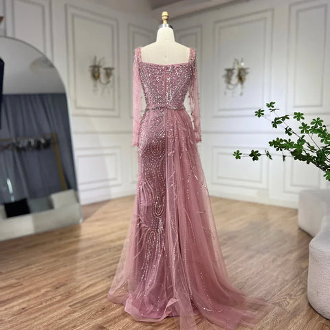 Vestido de sirena elegante rosa árabe 2025 con sobrefalda de cuentas de lujo para mujer, ideal para bodas y fiestas LA72441 