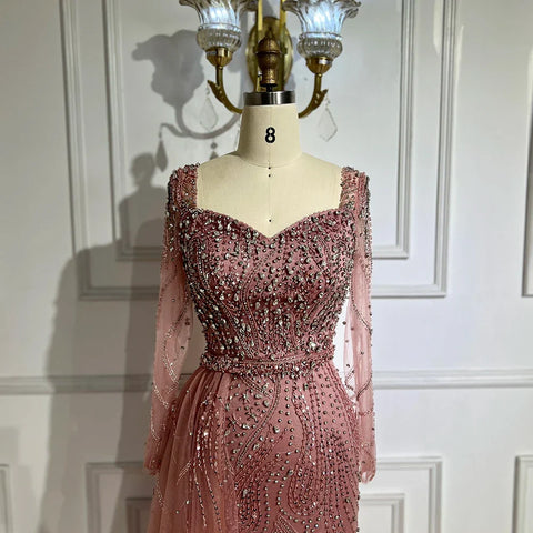 Vestido de sirena elegante rosa árabe 2025 con sobrefalda de cuentas de lujo para mujer, ideal para bodas y fiestas LA72441 