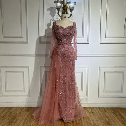 Vestido de sirena elegante rosa árabe 2025 con sobrefalda de cuentas de lujo para mujer, ideal para bodas y fiestas LA72441 