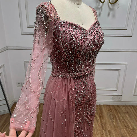 Vestido de sirena elegante rosa árabe 2025 con sobrefalda de cuentas de lujo para mujer, ideal para bodas y fiestas LA72441 