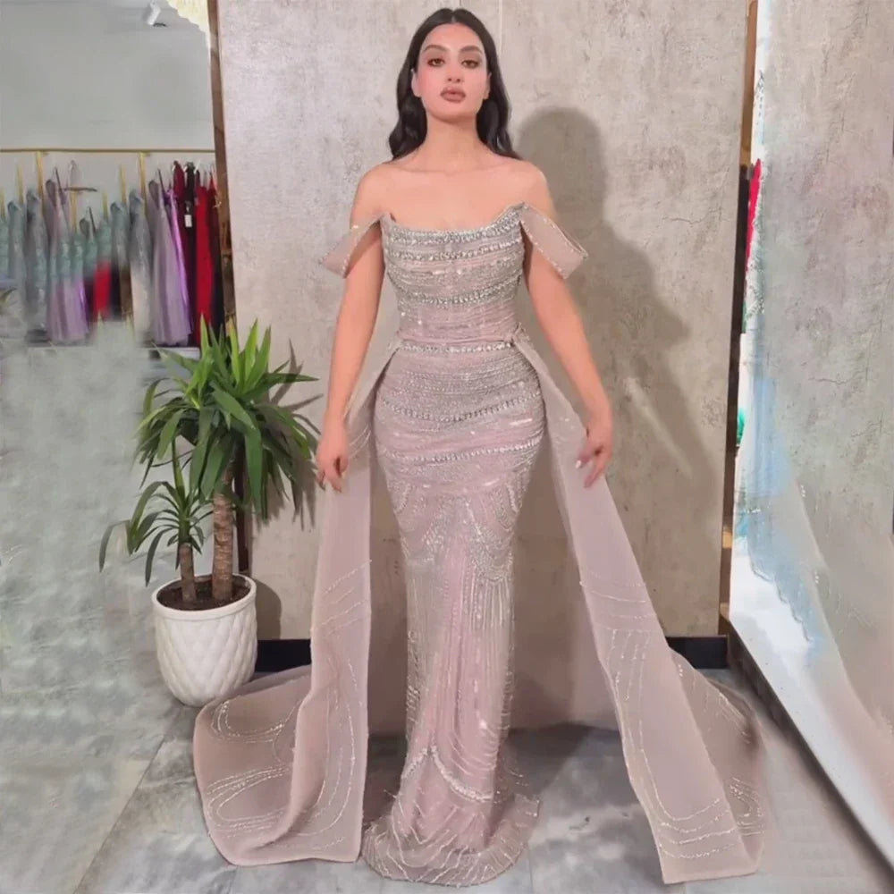 Vestido de noche de sirena rosa árabe con cuentas y sobrefalda de satén desmontable para ocasiones formales LA72781 
