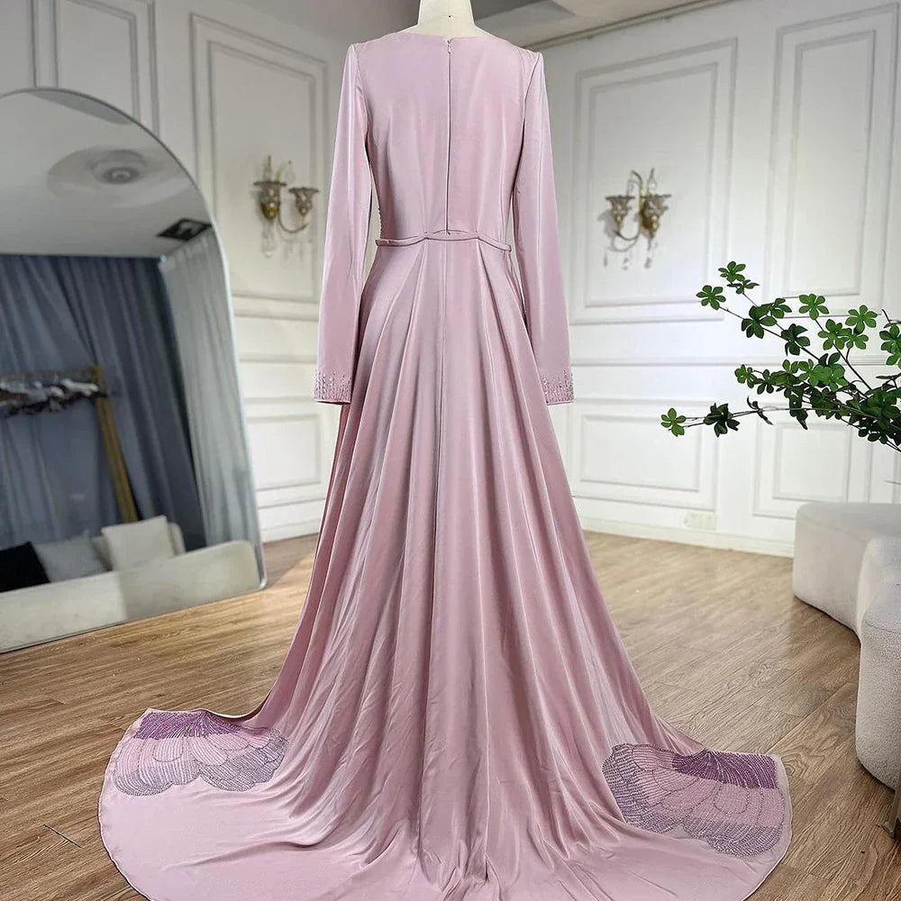 Vestido de noche de lujo estilo sirena rosa árabe, elegante, con cuentas, de satén, para mujer, ideal para fiestas, estilo Dubái, modelo LA72001A 