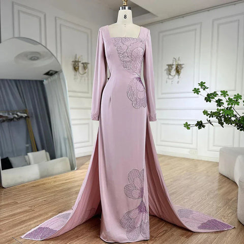 Vestido de noche de lujo estilo sirena rosa árabe, elegante, con cuentas, de satén, para mujer, ideal para fiestas, estilo Dubái, modelo LA72001A 