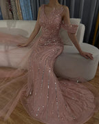 Vestido de noche largo, elegante, de sirena, rosa árabe, con un solo hombro y cuentas, ideal para ocasiones formales (LA72662A) 