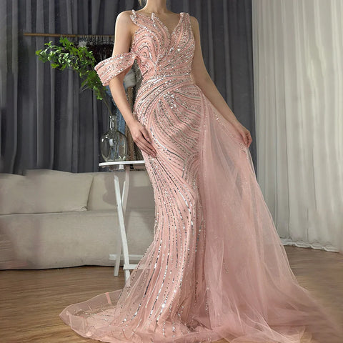 Robe de soirée longue style sirène rose, élégante, asymétrique, perlée, pour occasions formelles, LA72662A, 2025 