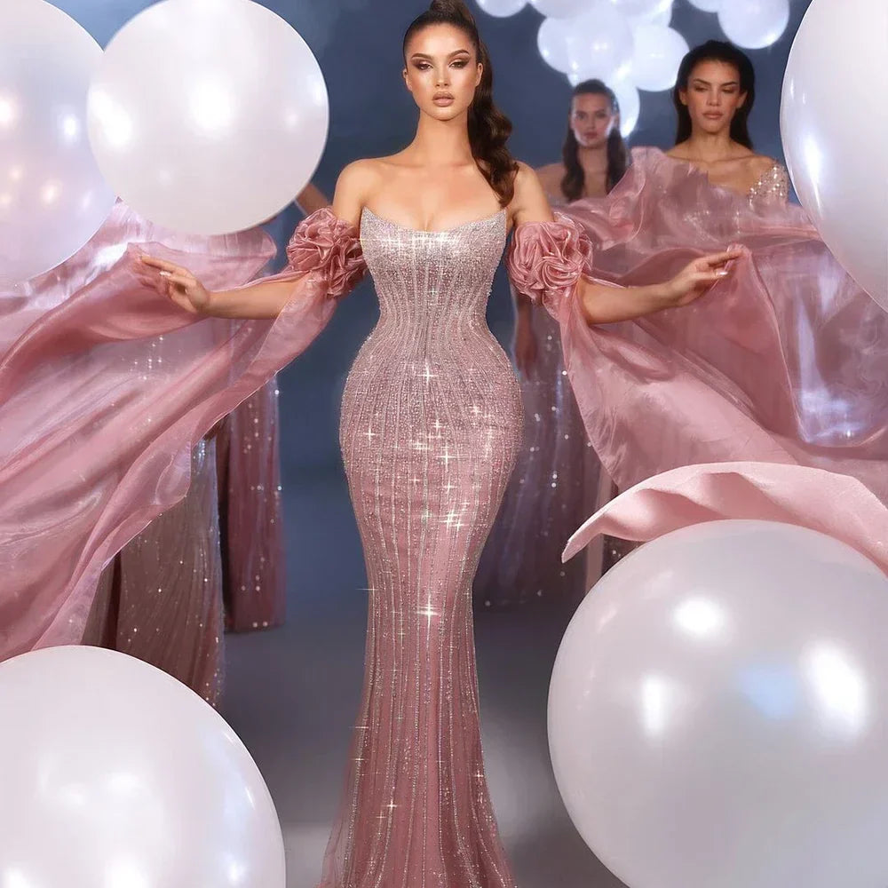 Vestido de noche estilo sirena, sin tirantes, con cuentas, color rosa árabe, modelo 2025, estilo vintage, con mangas abullonadas hasta la mitad, ideal para fiestas de mujer (LA72569). 