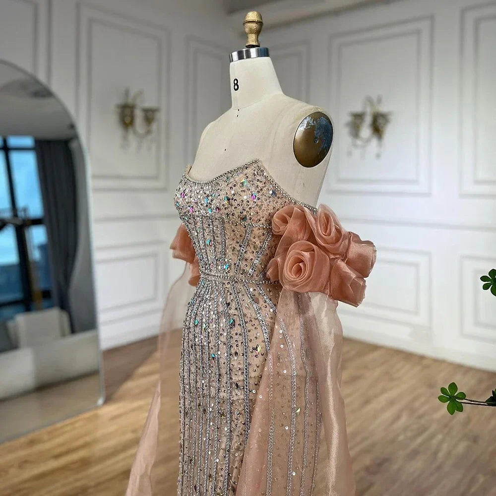 Vestido de noche estilo sirena, sin tirantes, con cuentas, color rosa árabe, modelo 2025, estilo vintage, con mangas abullonadas hasta la mitad, ideal para fiestas de mujer (LA72569). 
