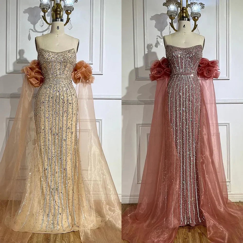 Vestido de noche estilo sirena, sin tirantes, con cuentas, color rosa árabe, modelo 2025, estilo vintage, con mangas abullonadas hasta la mitad, ideal para fiestas de mujer (LA72569). 