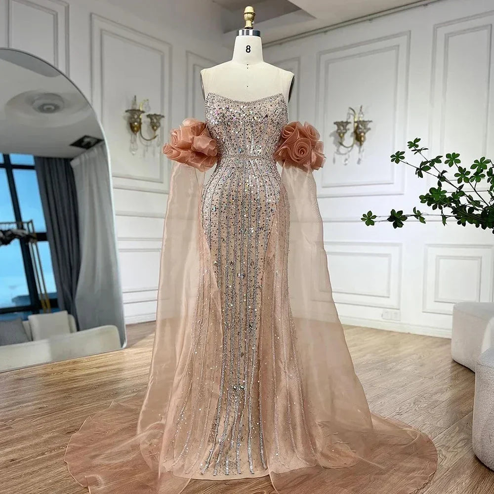 Vestido de noche estilo sirena, sin tirantes, con cuentas, color rosa árabe, modelo 2025, estilo vintage, con mangas abullonadas hasta la mitad, ideal para fiestas de mujer (LA72569). 