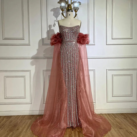 Vestido de noche estilo sirena, sin tirantes, con cuentas, color rosa árabe, modelo 2025, estilo vintage, con mangas abullonadas hasta la mitad, ideal para fiestas de mujer (LA72569). 