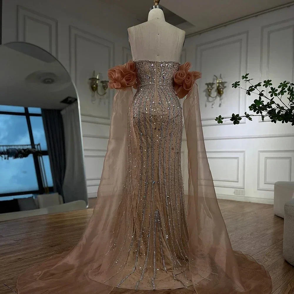 Vestido de noche estilo sirena, sin tirantes, con cuentas, color rosa árabe, modelo 2025, estilo vintage, con mangas abullonadas hasta la mitad, ideal para fiestas de mujer (LA72569). 