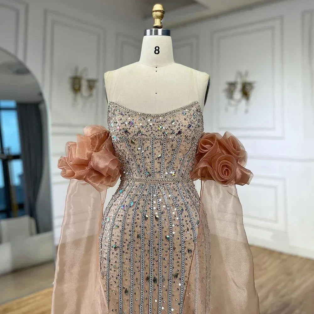 Vestido de noche estilo sirena, sin tirantes, con cuentas, color rosa árabe, modelo 2025, estilo vintage, con mangas abullonadas hasta la mitad, ideal para fiestas de mujer (LA72569). 