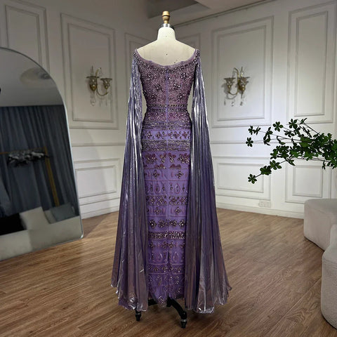 Robe de soirée de luxe style sirène, style arabe violet, manches cape, perles, Dubaï, pour femmes, robes de soirée de mariage, LA72175, 2025 