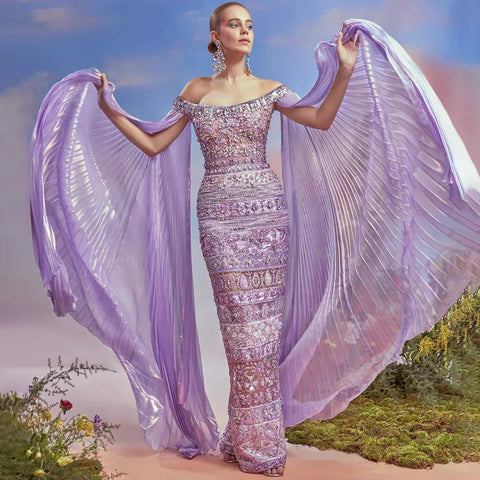 Robe de soirée de luxe style sirène, style arabe violet, manches cape, perles, Dubaï, pour femmes, robes de soirée de mariage, LA72175, 2025 