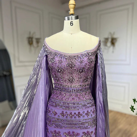 Robe de soirée de luxe style sirène, style arabe violet, manches cape, perles, Dubaï, pour femmes, robes de soirée de mariage, LA72175, 2025 