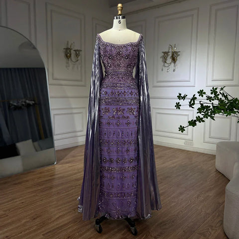 Robe de soirée de luxe style sirène, style arabe violet, manches cape, perles, Dubaï, pour femmes, robes de soirée de mariage, LA72175, 2025 