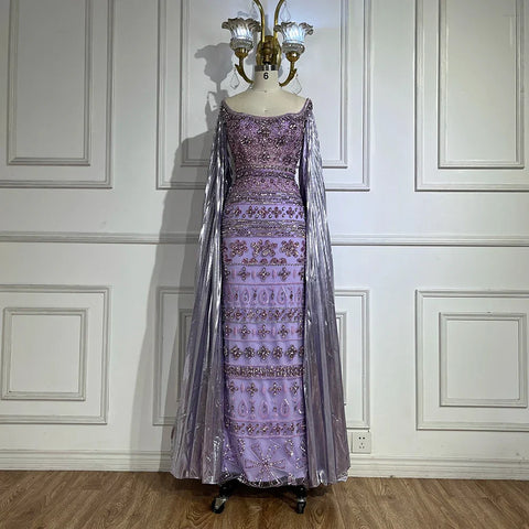 Robe de soirée de luxe style sirène, style arabe violet, manches cape, perles, Dubaï, pour femmes, robes de soirée de mariage, LA72175, 2025 