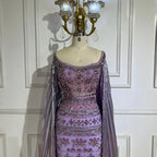 Vestido de noche de lujo estilo sirena con mangas capa color púrpura árabe, con cuentas, estilo Dubai, para mujer, ideal para bodas y fiestas (LA72175) 