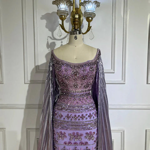 Robe de soirée de luxe style sirène, style arabe violet, manches cape, perles, Dubaï, pour femmes, robes de soirée de mariage, LA72175, 2025 