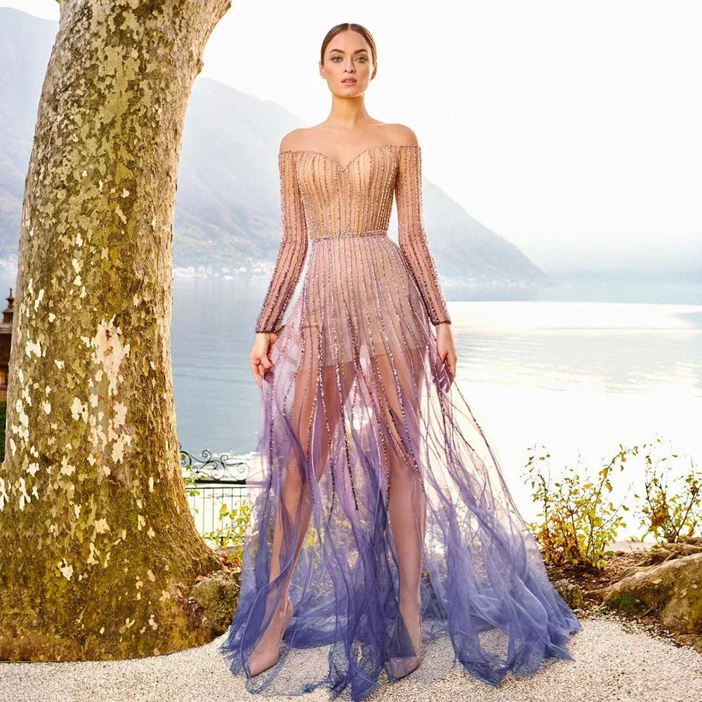 Vestidos de noche largos, elegantes, de corte A, color púrpura árabe, con cuentas, para ocasiones formales LA72752 