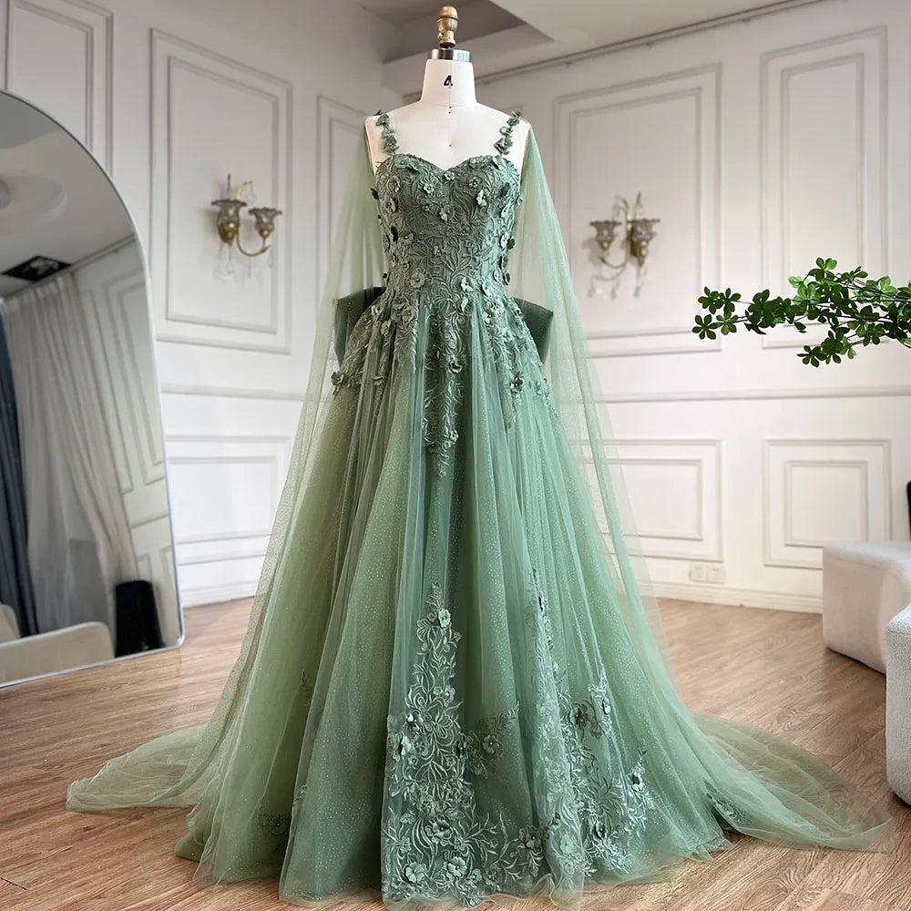 Vestido de fiesta de boda para mujer, corte línea A, apliques, tirantes finos, encaje, lazo, color verde salvia árabe, modelo LA72642 (2025) 
