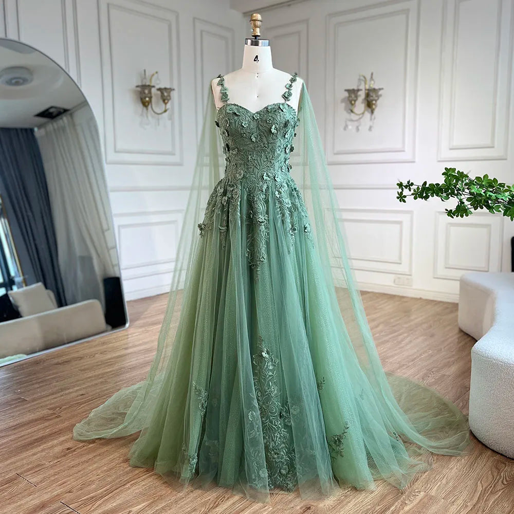 Vestido de fiesta de boda para mujer, corte línea A, apliques, tirantes finos, encaje, lazo, color verde salvia árabe, modelo LA72642 (2025) 