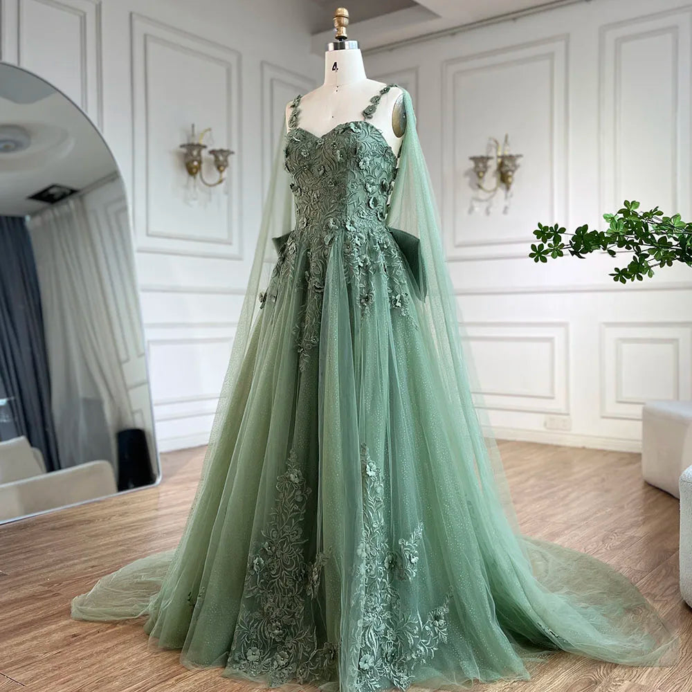 Vestido de fiesta de boda para mujer, corte línea A, apliques, tirantes finos, encaje, lazo, color verde salvia árabe, modelo LA72642 (2025) 
