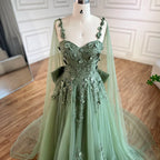 Vestido de fiesta de boda para mujer, corte línea A, apliques, tirantes finos, encaje, lazo, color verde salvia árabe, modelo LA72642 (2025) 
