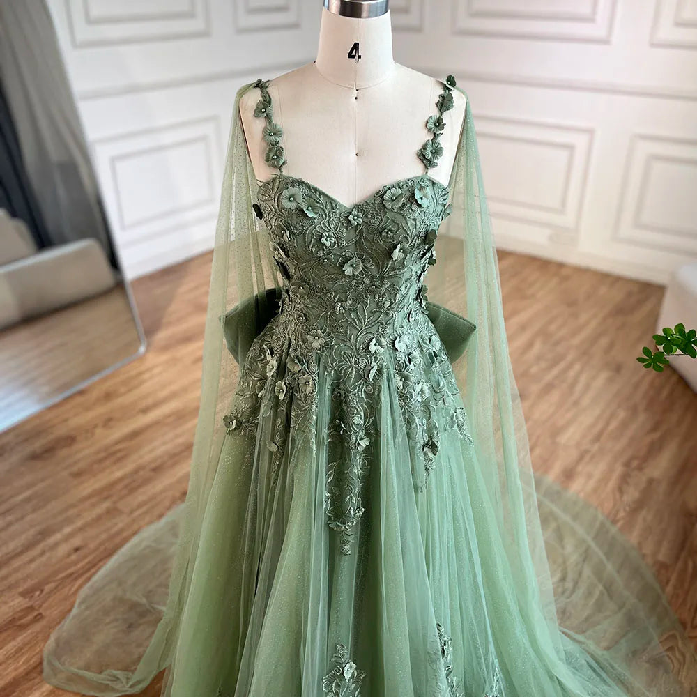 Vestido de fiesta de boda para mujer, corte línea A, apliques, tirantes finos, encaje, lazo, color verde salvia árabe, modelo LA72642 (2025) 