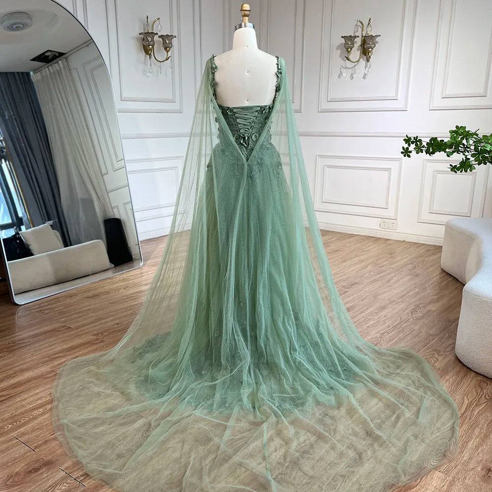Vestido de fiesta de boda para mujer, corte línea A, apliques, tirantes finos, encaje, lazo, color verde salvia árabe, modelo LA72642 (2025) 