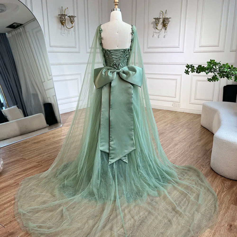 Vestido de fiesta de boda para mujer, corte línea A, apliques, tirantes finos, encaje, lazo, color verde salvia árabe, modelo LA72642 (2025) 
