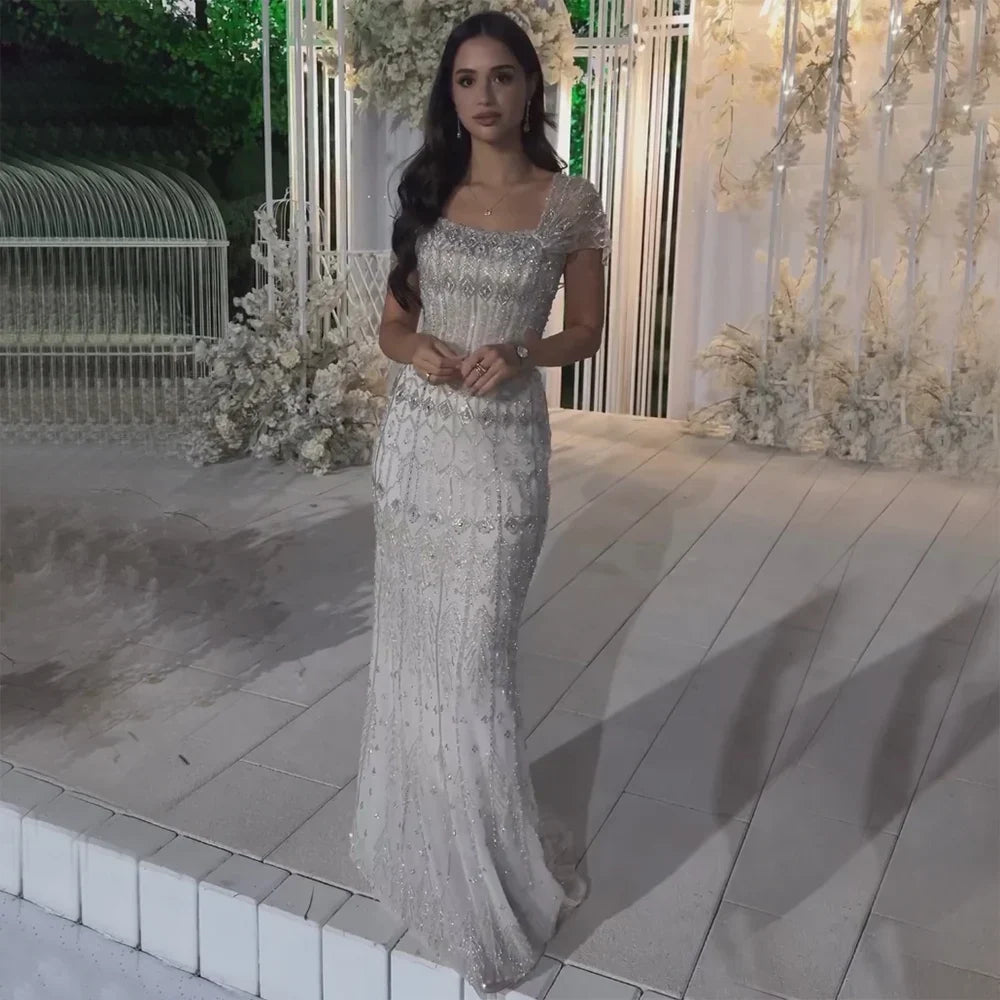 Vestido de noche de sirena de lujo blanco árabe de Dubái con mangas casquillo LA72714