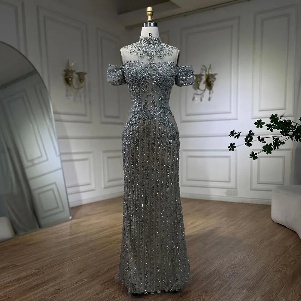 Vestidos de noche de lujo estilo sirena, color plata, nude, con cuentas y cristales, estilo árabe, para mujer, ideales para bodas y fiestas (LA72411) 